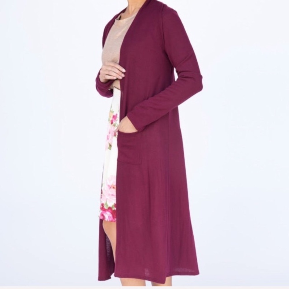 AGNES & DORA Duster Cardigan Burgundy Brush